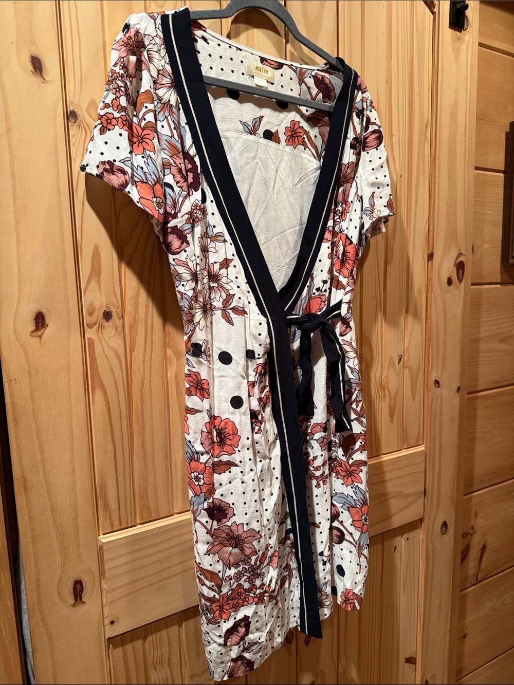 Mauve White Floral Wrap Midi Dress with Navy Trim